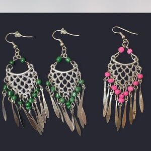 Set of two Elegant Silver and Green & pink Chandelier Earrings